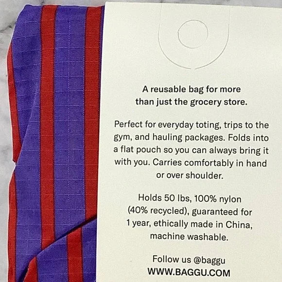NEW! Baggu Standard Optic Stripe Shopping Bag Reusable Red Purple Stripe J7-7 - Picture 7 of 7